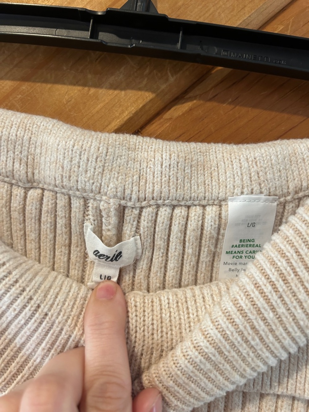 Aerie ribbed Late Night fold over flared knit pants in beige - Picture 4 of 5